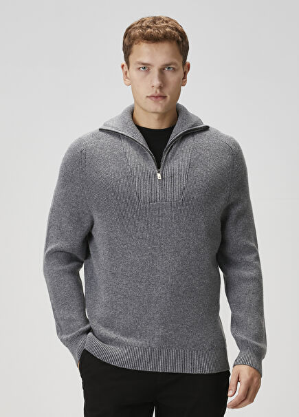 Gri Melanj Yakası Fermuarlı Yün Kazak