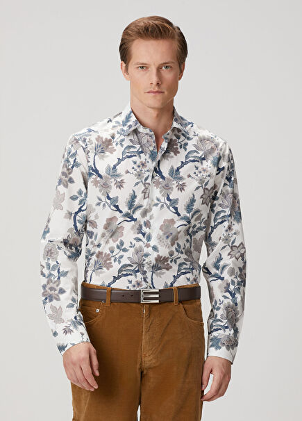 Beyaz Çiçek Desenli Gömlek