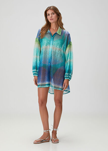 Yeşil Mavi Degrade Zikzak Desenli Gömlek