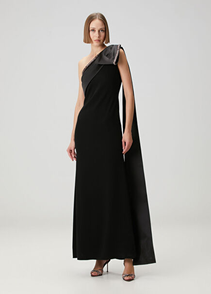 Black Maxi Satin Crepe Evening Dress