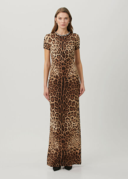 Leopar Desenli Maksi İpek Elbise
