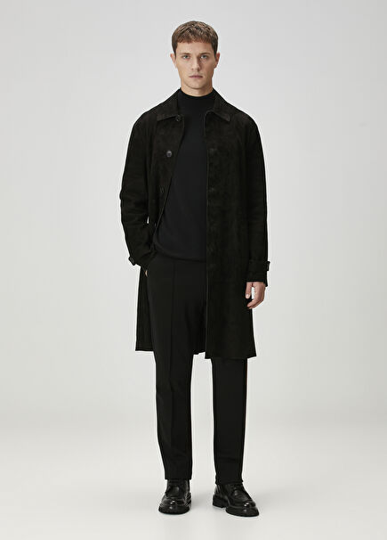 Siyah Beli Kemerli Süet Pardösü