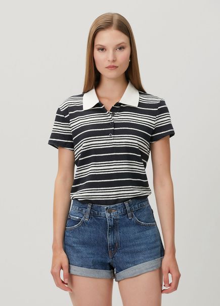Lacivert Beyaz Çizgili Keten Polo T-shirt