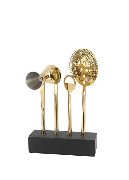 Gold Cocktail Preparation Set with Wooden Stand