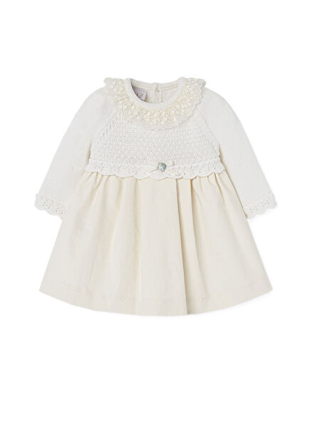Krem Pamuklu Uzun Kollu Kız Bebek Elbise
