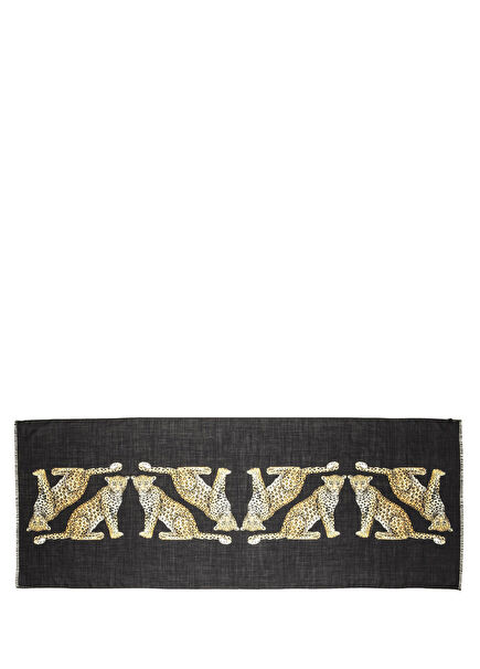 MW Twin Leopards Black Wool Silk Long Scarf Kadın Eşarp