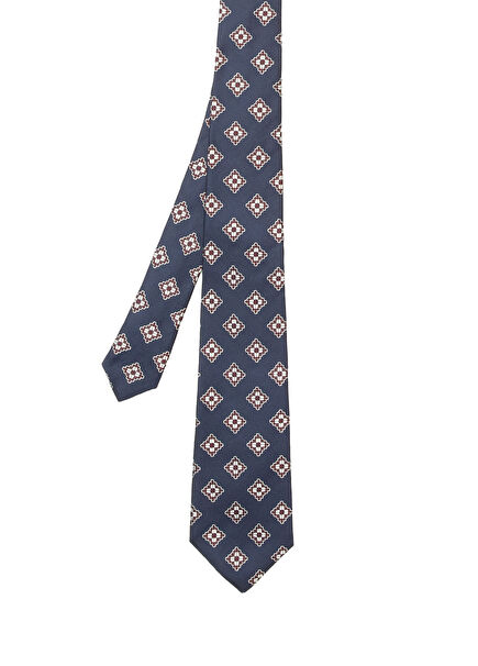 Navy Blue Patterned Silk Tie