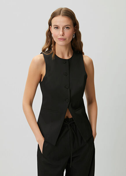 Siyah Teknik Kumaş Uzun Yelek