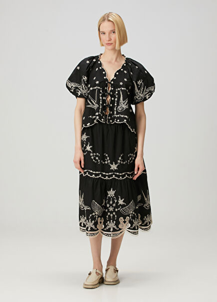 Kingsley Black Embroidered Midi Skirt