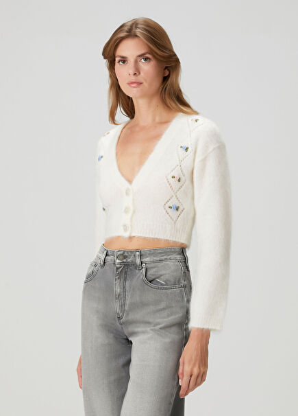 Beyaz Nakışlı Crop Yün Hırka