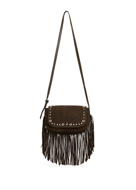 Brown Tasseled Stud Women's Leather Bag
