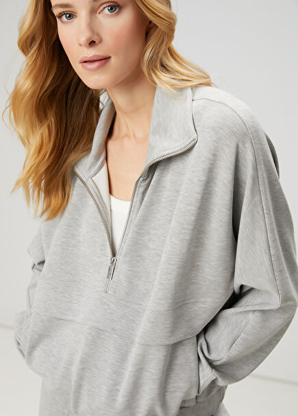 Grey Melange Zippered Sweatshirt