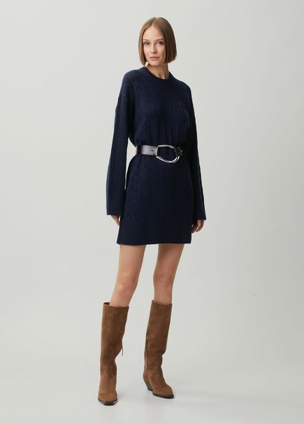 Navy Blue Cable Knit Mini Wool Dress