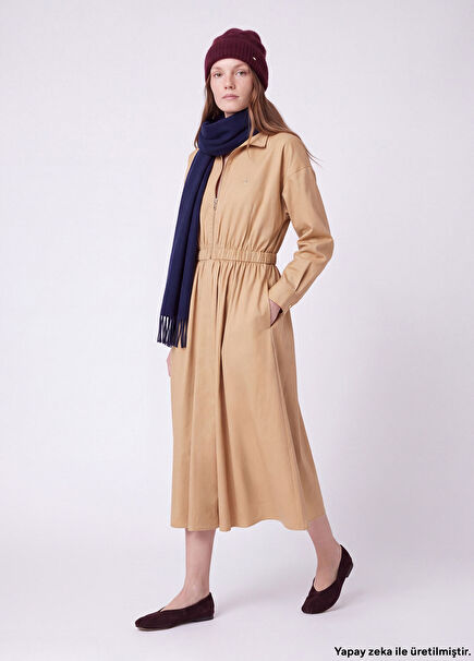 Beige Collar Zippered Midi Taffeta Dress