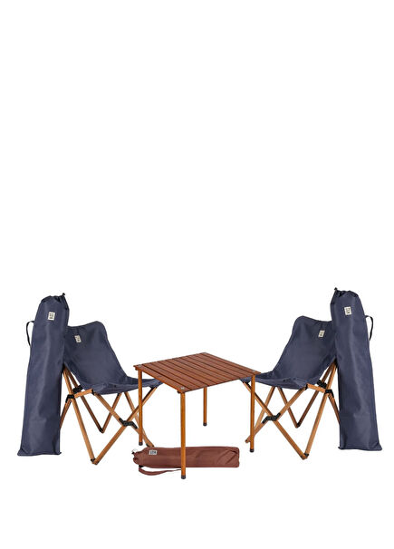 Wooden Brown Navy Blue Folding Camping Table and Chair Set