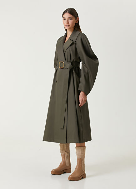 Khaki Belted Double-Breasted Trench Coat