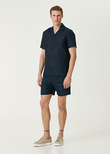 Navy Blue Linen Bermuda