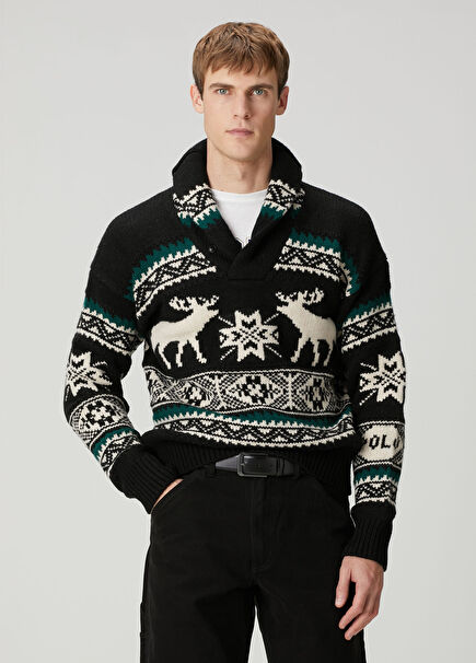 Black Ethnic Pattern Jacquard Wool Sweater