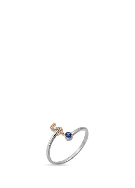 S Letter Diamond and Blue Sapphire Stone 14K White Gold Ring