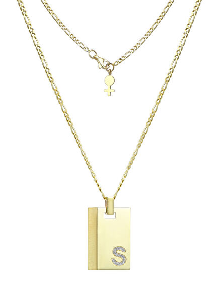 Initials Plate S Letter Diamond Women's Gold Neckl