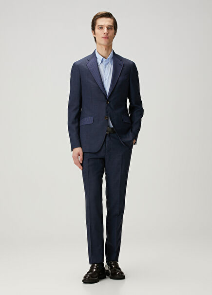 Navy Blue Line Pattern Detailed Wool Suit