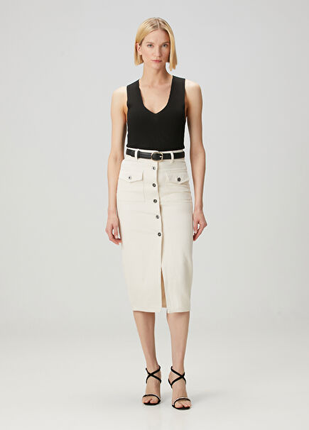Cream Belted Midi Denim Skirt