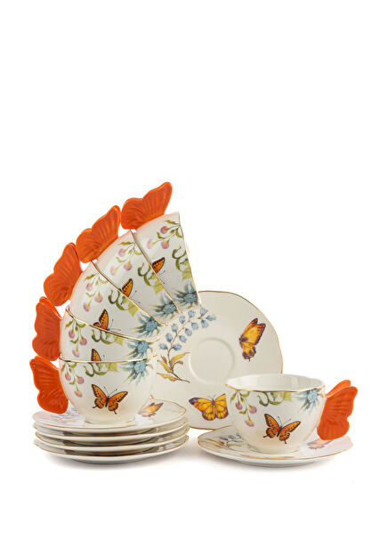 Mariposa Kelebek Desenli Porselen 6'lı Kahve Fincanı Seti