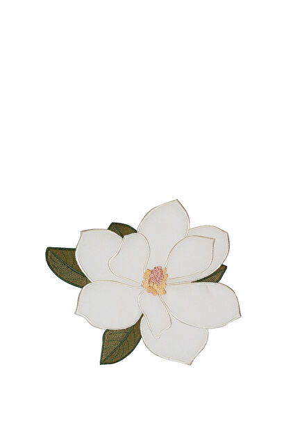 Magnolia Patterned 4-Piece White Linen Coaster Set