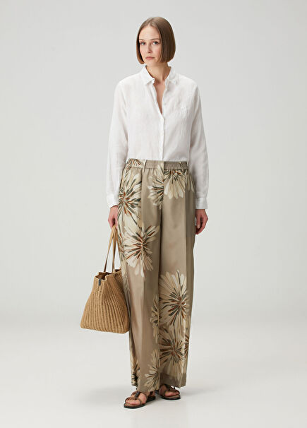 Light Khaki Floral Silk Trousers