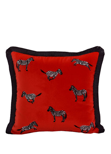 Dekoratif Zebra Nakış İşlemeli Siyah Püsküllü Kırmızı Kadife Yastık Kılıfı 45x45 cm