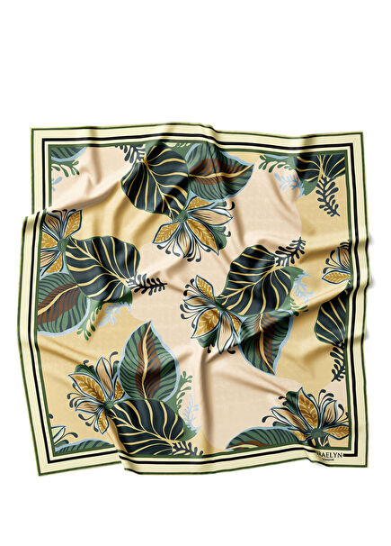 Sunkissed Palms Bej Yeşil Twill İpek Kadın Eşarp 