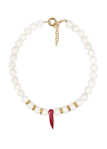 White Agate Red Ivory Detailed Gold Plated Women's Necklace