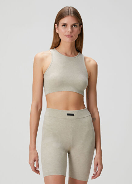 Beige Ribbed Sports Bra