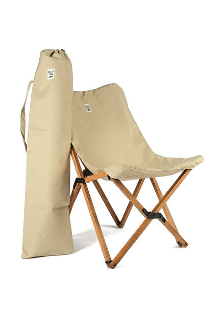 Wooden Brown Frame Beige Cover Folding Camping and Garden Chair