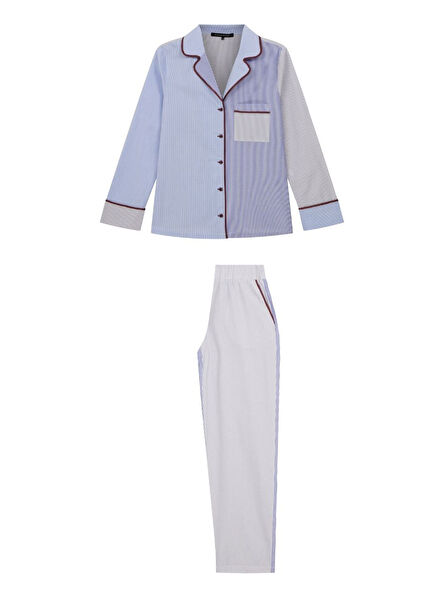 Lyron Light Blue Cotton Striped Welt Women's Pajama Set