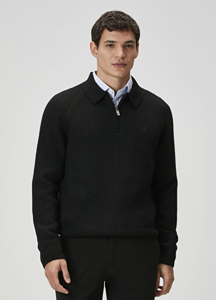 Black Knitted Textured Wool Polo Sweater