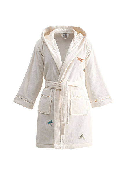 Nina Krem Sarı %100 Organik Pamuk Nakışlı Kız Çocuk Bornoz