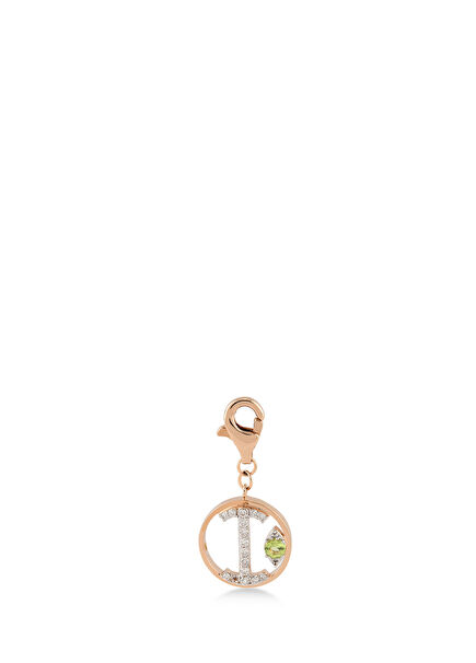 Mini “İ” Harfli Charm Pırlanta Yeşil Peridot Taşlı 14 Ayar Pembe Altın