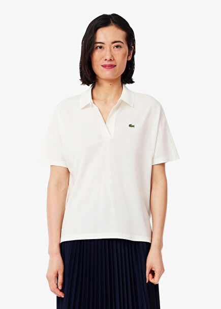 Krem Polo Yaka Relaxed Fit Kısa Kollu Kadın T-shirt