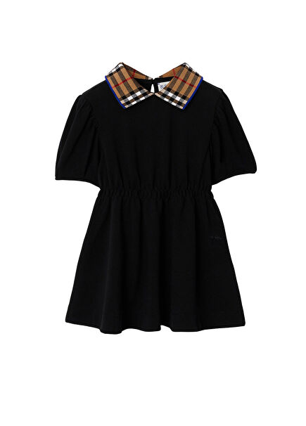 Check Collar Siyah Pamuklu Kısa Kollu Kız Çocuk Elbise
