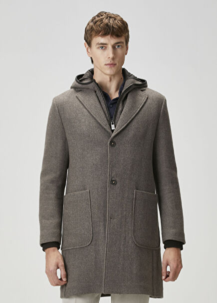 Kahverengi İç Mont Detaylı Yün Kaban