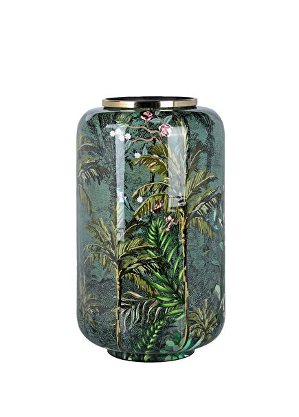 Jungle Renkli Desenli Emaye Metal Dekoratif Vazo 35 cm