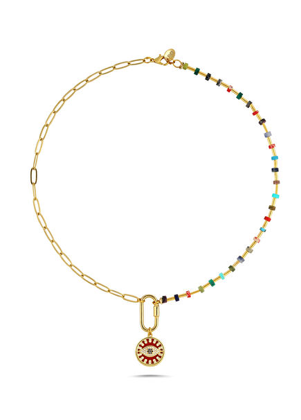 Gold Beaded Women's Necklace with Eye Embroidery