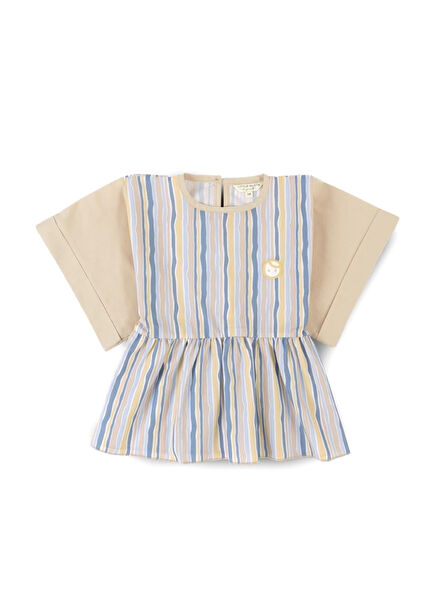 Blue Striped Patterned Organic Cotton Kimono Sleeve Girls' Blouse