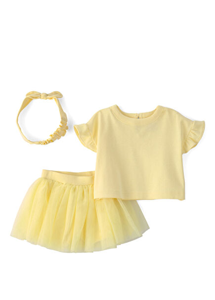 Yellow Short Sleeve Body Tulle Skirt and Bandana Baby Girl Set of 3