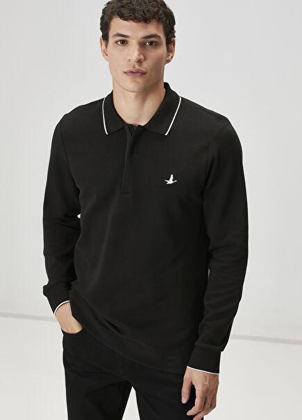 Comfort Fit Black Ottoman Textured Polo Sweatshirt