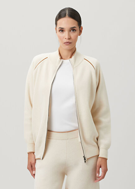 Krem Fermuarlı Yün Sweatshirt