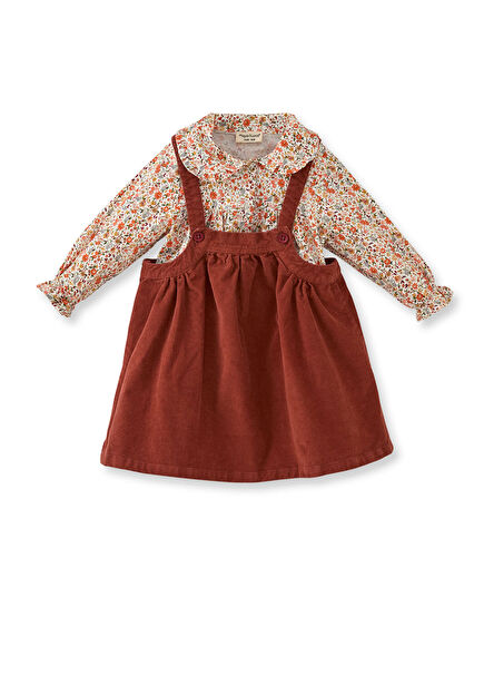 Bordo Kadife Jile ve Desenli Salopet ve Gömlek Kız Çocuk 2'li Takım