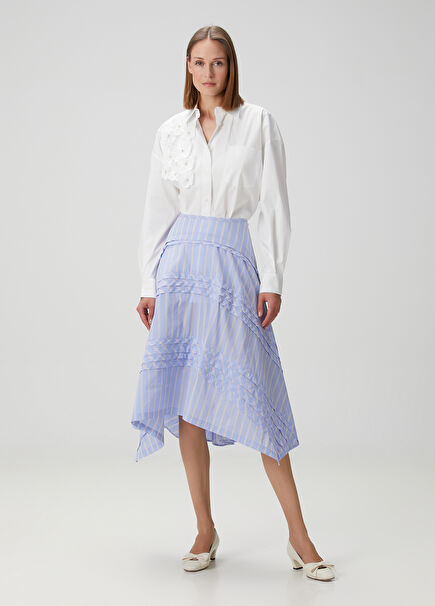 Jiange Blue Line Patterned Midi Skirt