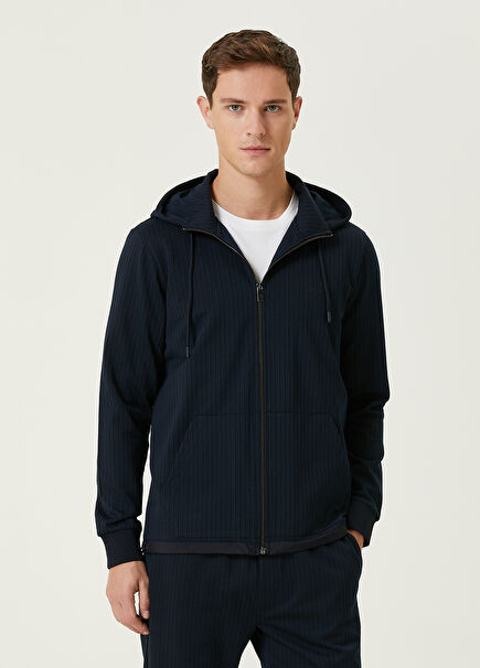 Lacivert Kapüşonlu Örgü Dokulu Sweatshirt